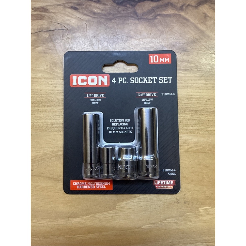 Icon 4pc 10mm Socket Set 1/4" & 3/8" Drive Shallow & Deep Each # 72753